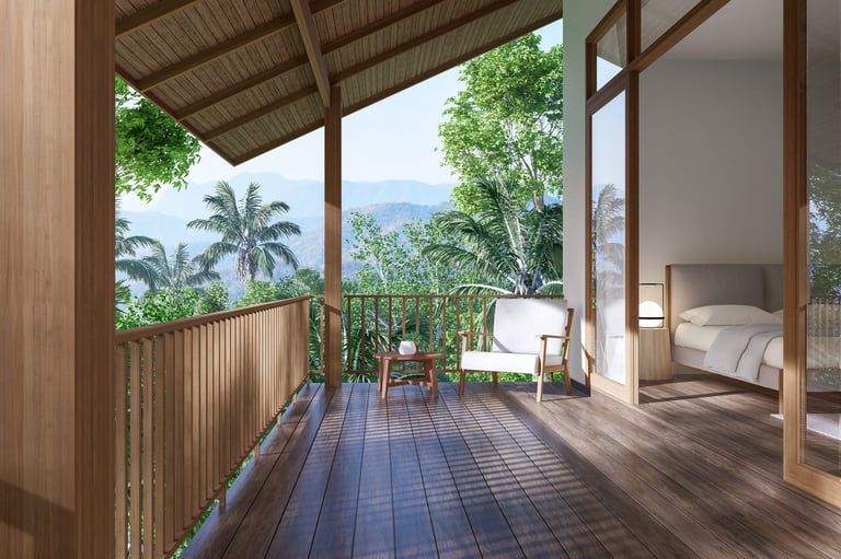 Modern contemporary terrace overlooking nature view