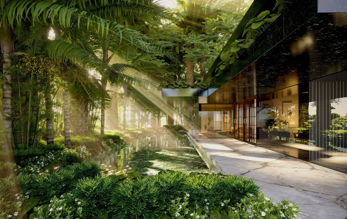 3D illustration of a luxury villa with swimming. Surrounded by lush green forest at golden hour.